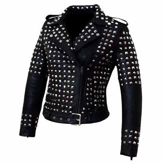 Women's studded black leather biker jacket with heavy silver pyramid studs on the body and upper arms.
