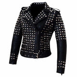 Women's studded black leather biker jacket with heavy silver pyramid studs on the body and upper arms.