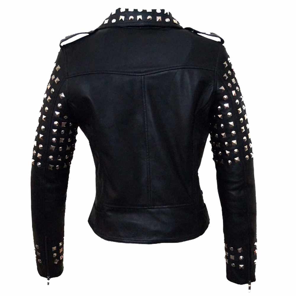 Women's black stuuded leather biker jacket with heavy silver pyramid studs on the body and upper arms.