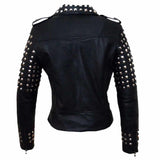 Women's black stuuded leather biker jacket with heavy silver pyramid studs on the body and upper arms.