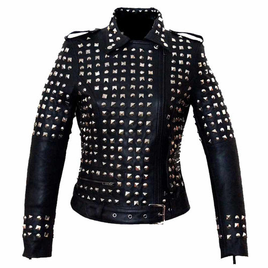 Women's studded black leather biker jacket with heavy silver pyramid studs on the body and upper arms.