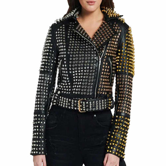 Women's studded black leather punk jacket with a split design of gold studs on one side and silver on the other.