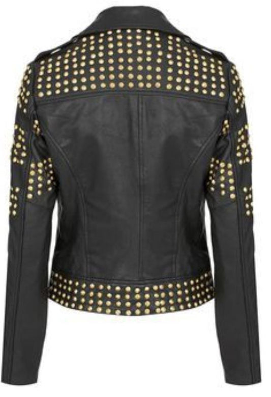Women's black leather Brando jacket featuring heavy gold dome studs on lapels, shoulders, and hem with gold zippers.