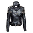 Women's black slim-fit Brando leather jacket featuring silver conical spikes on shoulders and back, dome studs, and a belted waist.