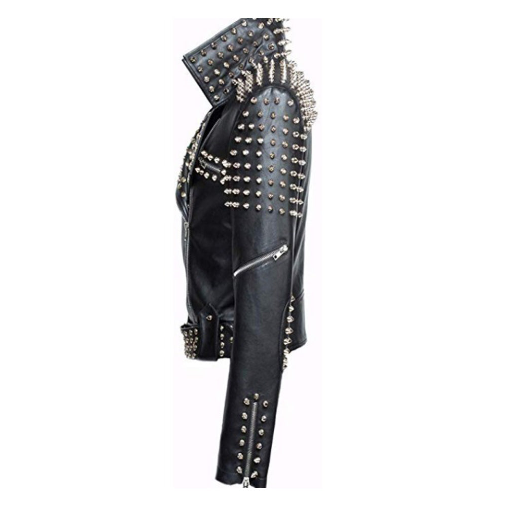 Women's black slimfit leather Brando jacket: silver conical spikes on shoulders/back, dome studs, belt.