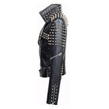 Women's black slimfit leather Brando jacket: silver conical spikes on shoulders/back, dome studs, belt.