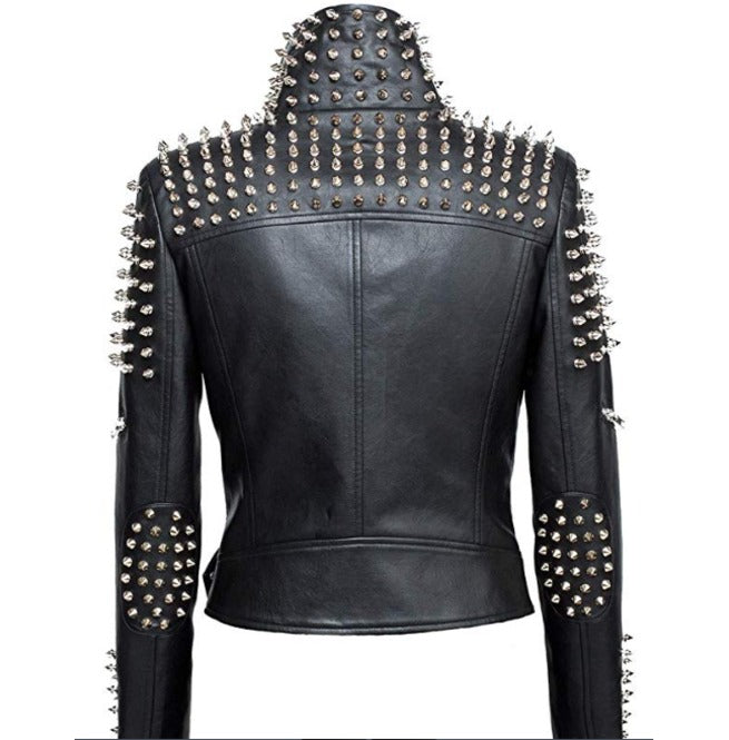 Women's black slimfit leather Brando jacket: silver conical spikes on shoulders/back, dome studs, belt.