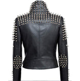 Women's black slimfit leather Brando jacket: silver conical spikes on shoulders/back, dome studs, belt.