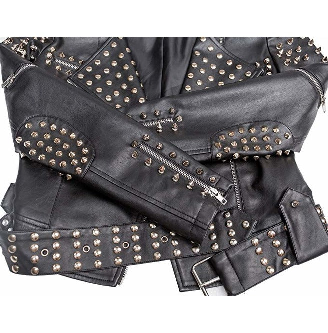 Women's black slim-fit Brando leather jacket featuring silver conical spikes on shoulders and back, dome studs, and a belted waist.