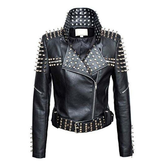 Women's black slim-fit Brando leather jacket featuring silver conical spikes on shoulders and back, dome studs, and a belted waist.