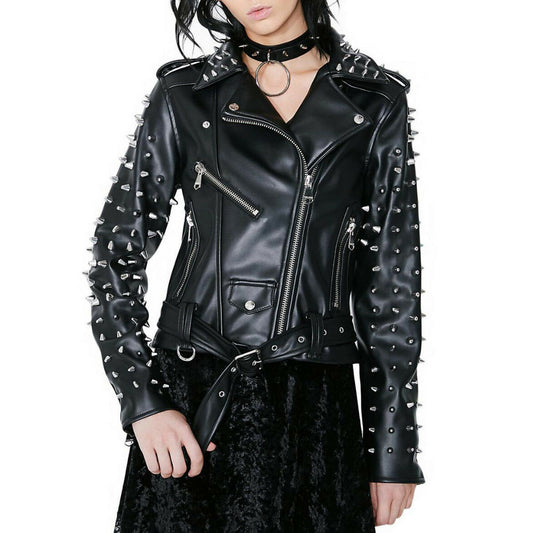 Women's black leather punk biker jacket with silver spikes on shoulders and sleeves, decorative studs, back lacing, and belted waist.