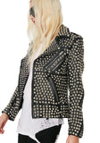 Women's black leather biker jacket fully covered in silver dome studs, rock star style with asymmetrical zipper.