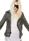 Women's black leather biker jacket fully covered in silver dome studs, rock star style with asymmetrical zipper.
