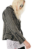 Women's black leather biker jacket fully covered in silver dome studs, rock star style with asymmetrical zipper.