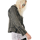 Women's black leather biker jacket fully covered in silver dome studs, rock star style with asymmetrical zipper.