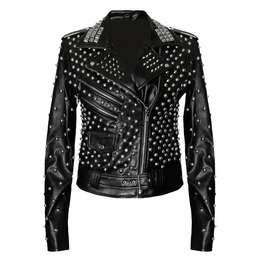 Women's black leather biker jacket with heavy silver pyramid and dome studs, Brando style with asymmetrical zipper and belt.