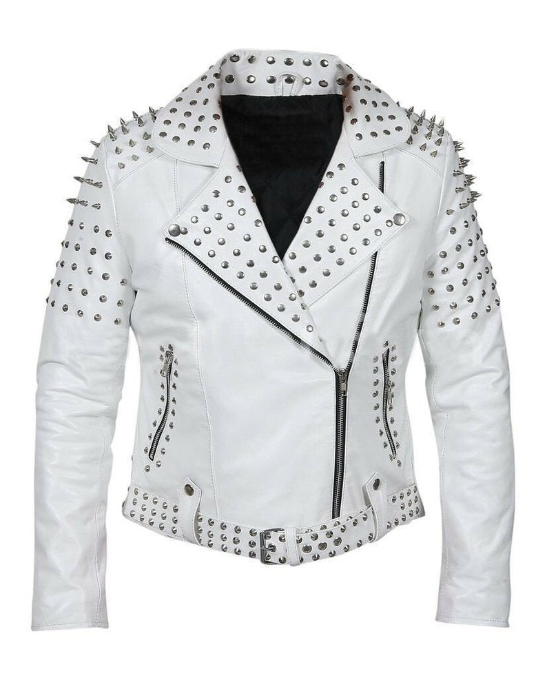 Women's white leather biker jacket with silver conical spikes on shoulders, heavy dome studs, asymmetrical zipper, and waist belt.