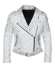 Women's white leather biker jacket with silver conical spikes on shoulders, heavy dome studs, asymmetrical zipper, and waist belt.