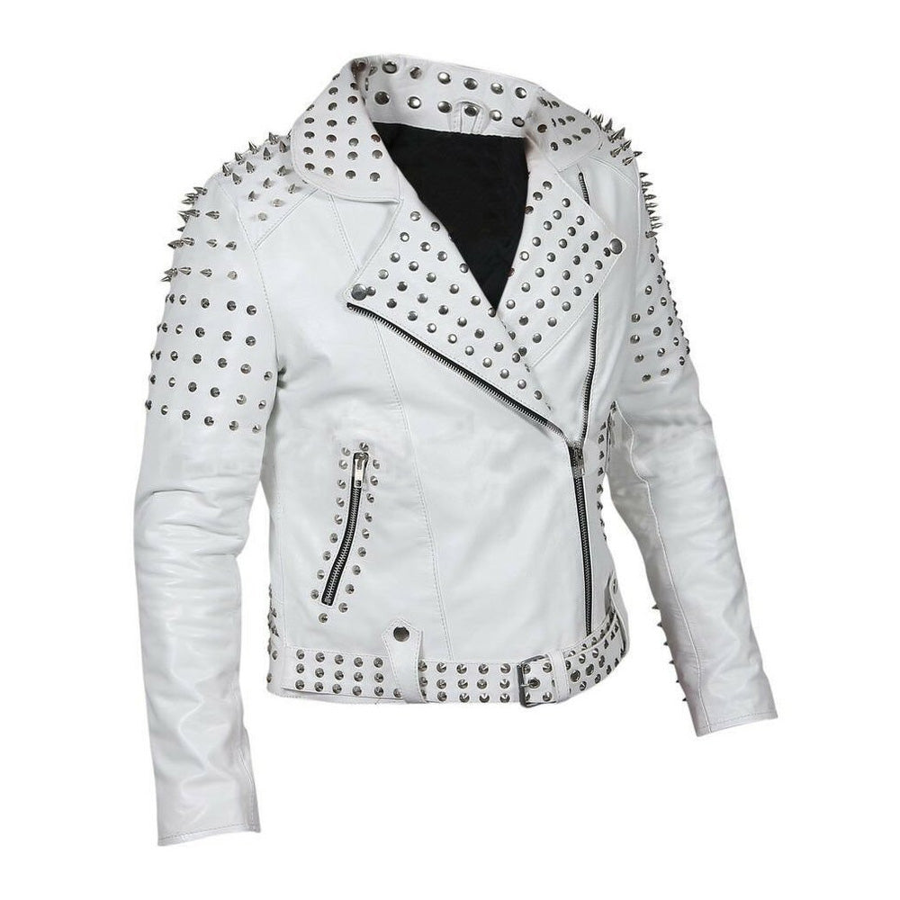 Women's white leather biker jacket with silver conical spikes on shoulders, heavy dome studs, asymmetrical zipper, and waist belt.