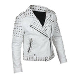 Women's white leather biker jacket with silver conical spikes on shoulders, heavy dome studs, asymmetrical zipper, and waist belt.