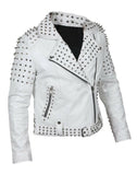 Women's white leather biker jacket with silver conical spikes on shoulders, heavy dome studs, asymmetrical zipper, and waist belt.