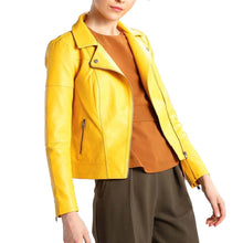 Load image into Gallery viewer, Yellow Slim Fit Motorcycle Leather Jacket Womens
