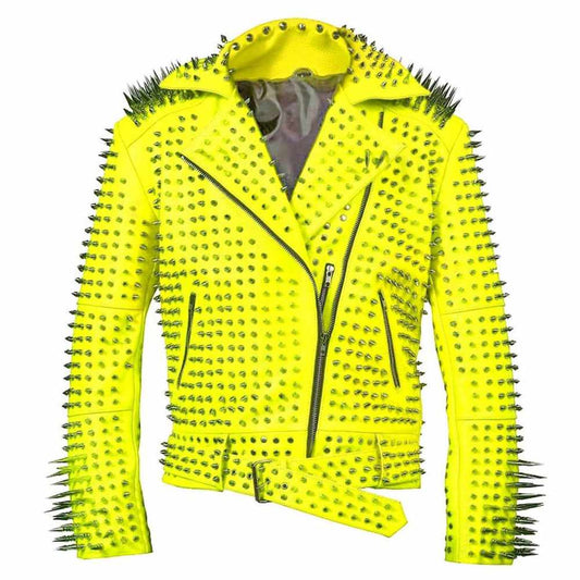 Men's vibrant yellow leather biker jacket with all-over silver studs, conical spikes, asymmetrical zipper, and belted waist.