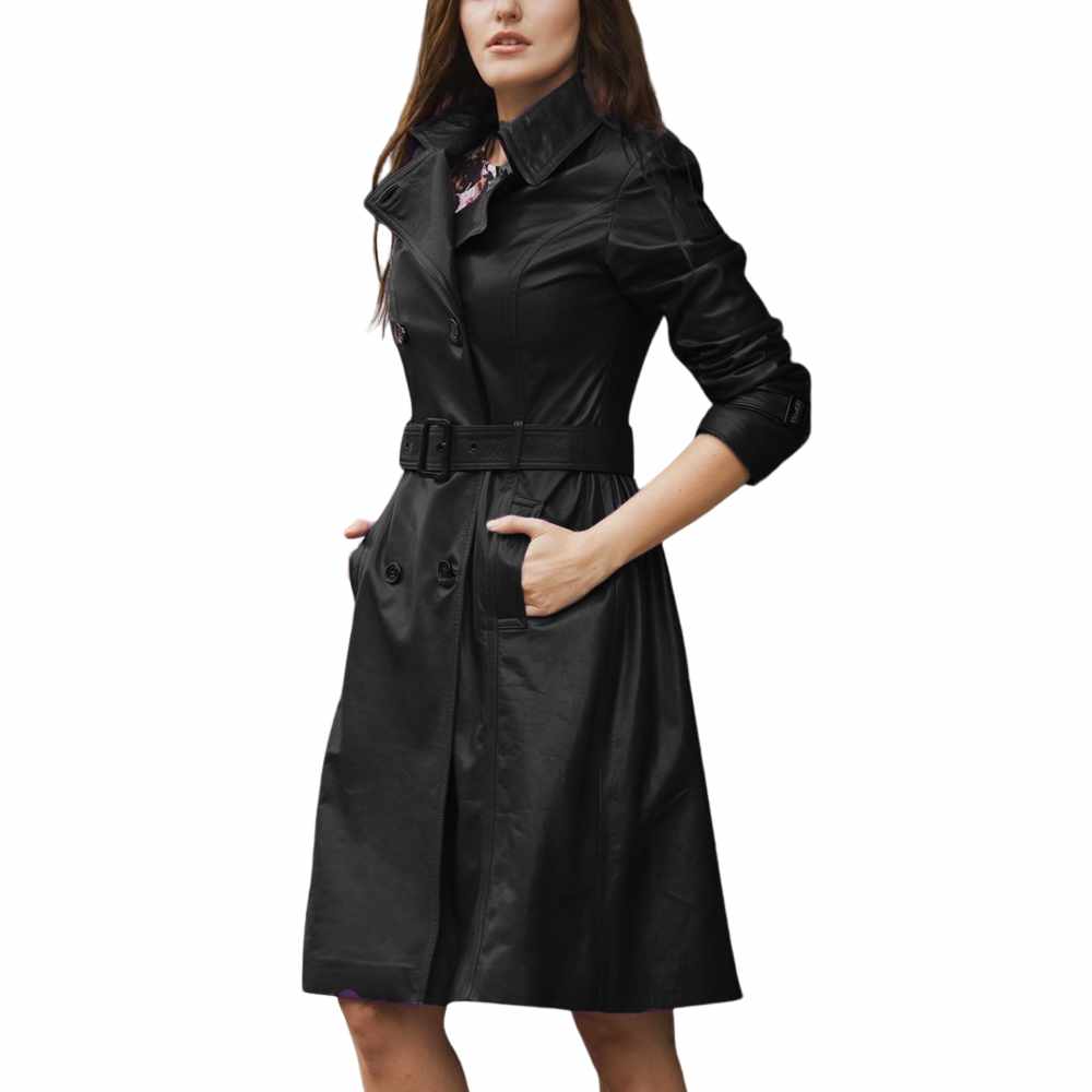 Women Slim Fit Trench Genuine Leather Dress Coat Black