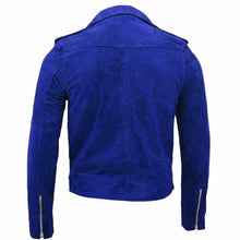 Load image into Gallery viewer, Men Native American Suede Leather Motorcycle Fashion Jacket Royal Blue Back
