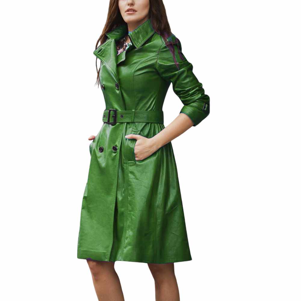 Women Slim Fit Trench Genuine Leather Dress Coat Green