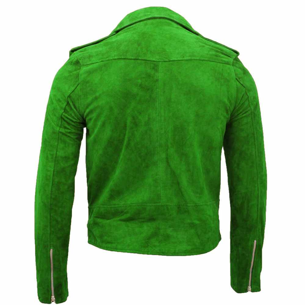 Men Native American Suede Leather Motorcycle Fashion Jacket Green Back