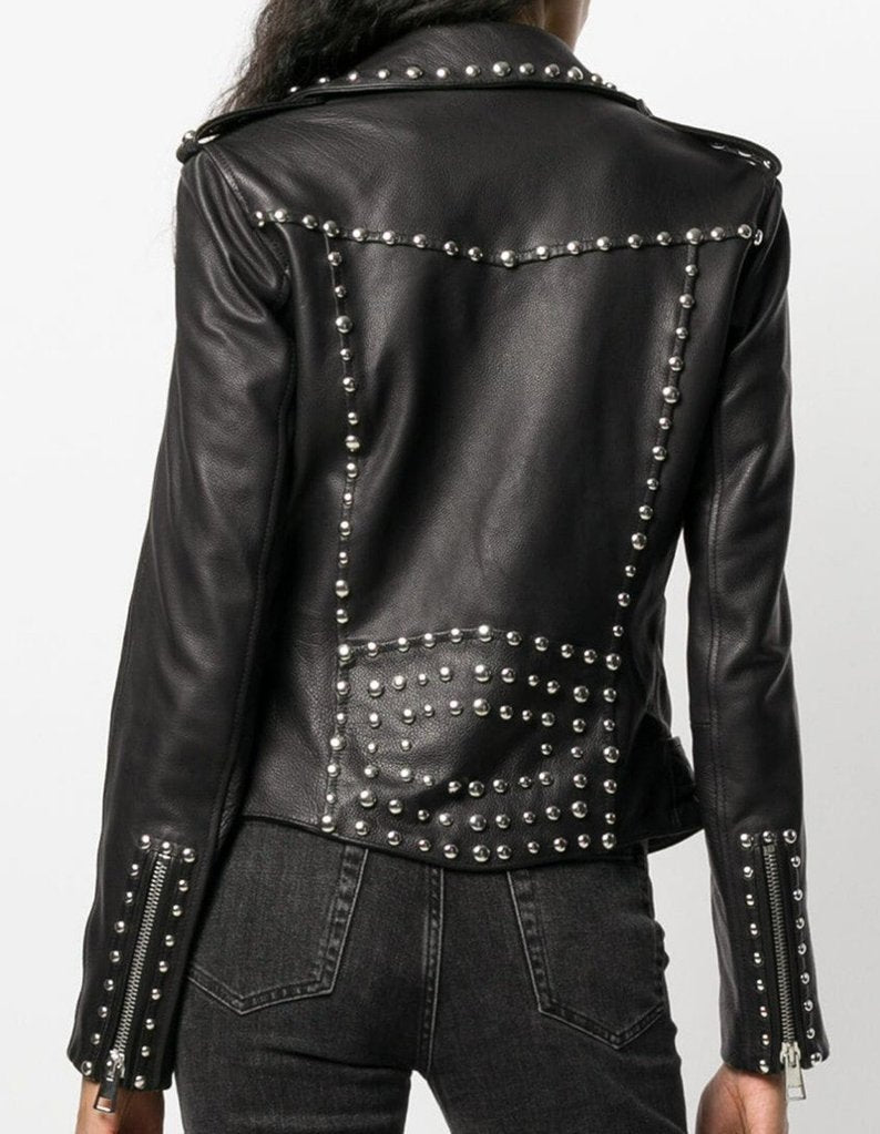 Silver Studs Black Leather Brando Jacket Women | Punk Motorcycle Jacket