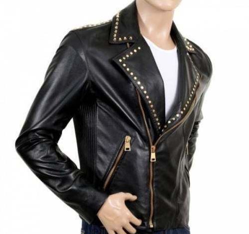 Men Golden Studded Zipper Fashion Leather Jacket