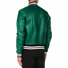 Load image into Gallery viewer, Men Letterman Varsity Bomber Fashion Leather Jacket Mix Green Back
