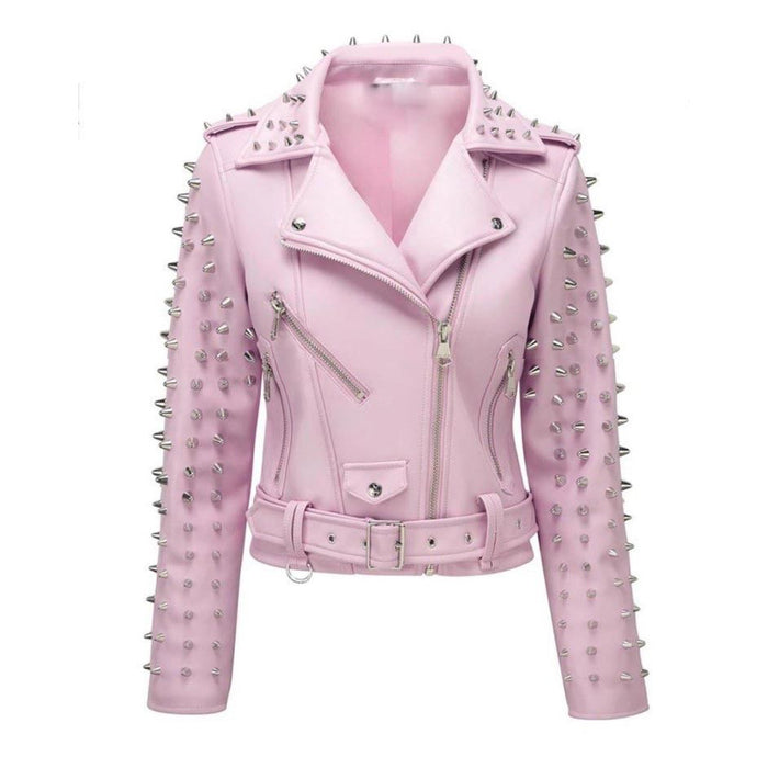Hot Pink Studs Leather Jacket | Women Plus Size Punk Jacket Hunt