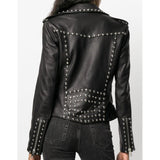 Silver Studs Black Leather Brando Jacket Women | Punk Motorcycle Jacket