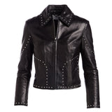 Stylish Studded Cropped Front Zip Women's Genuine Lambskin Leather biker Jacket - 