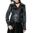 Women's Black Color Biker Genuine Leather Silver Spike Studded Belted Jacket - 