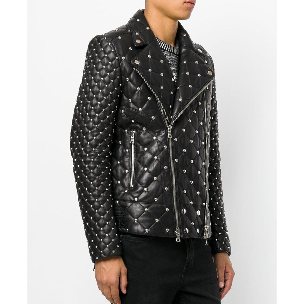 Customized Silver Studded Fashion Leather Jacket Men | Made To Order Leather Jackets