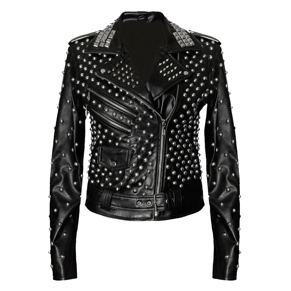 Women Black Brando Leather Jacket With Silver Studs | Plus Size Studded ...