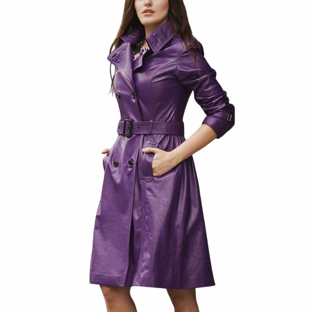 Women Slim Fit Trench Genuine Leather Dress Coat Purple