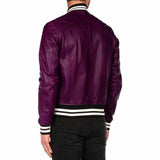 Men Letterman Varsity Bomber Fashion Leather Jacket Purple Back