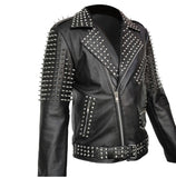 Men Real Leather Jacket Spike Studded Punk Style Jacket