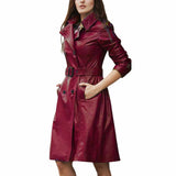 Women Slim Fit Trench Genuine Leather Dress Coat Red