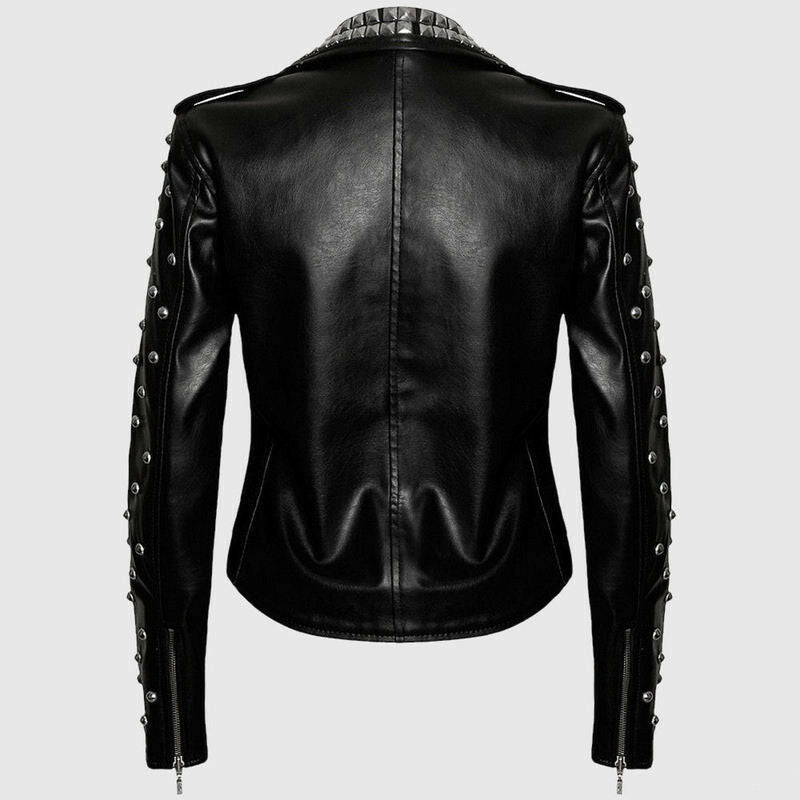 Women Black Brando Leather Jacket With Silver Studs | Plus Size Women Studded Jacket