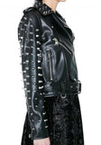 Women's Black Color Biker Genuine Leather Silver Spike Studded Belted Jacket - 