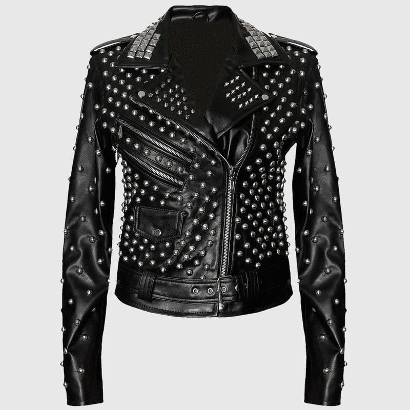 Women Black Brando Leather Jacket With Silver Studs | Plus Size Women Studded Jacket