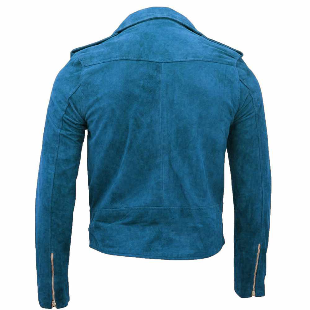 Men Native American Suede Leather Motorcycle Fashion Jacket Sky Blue Back