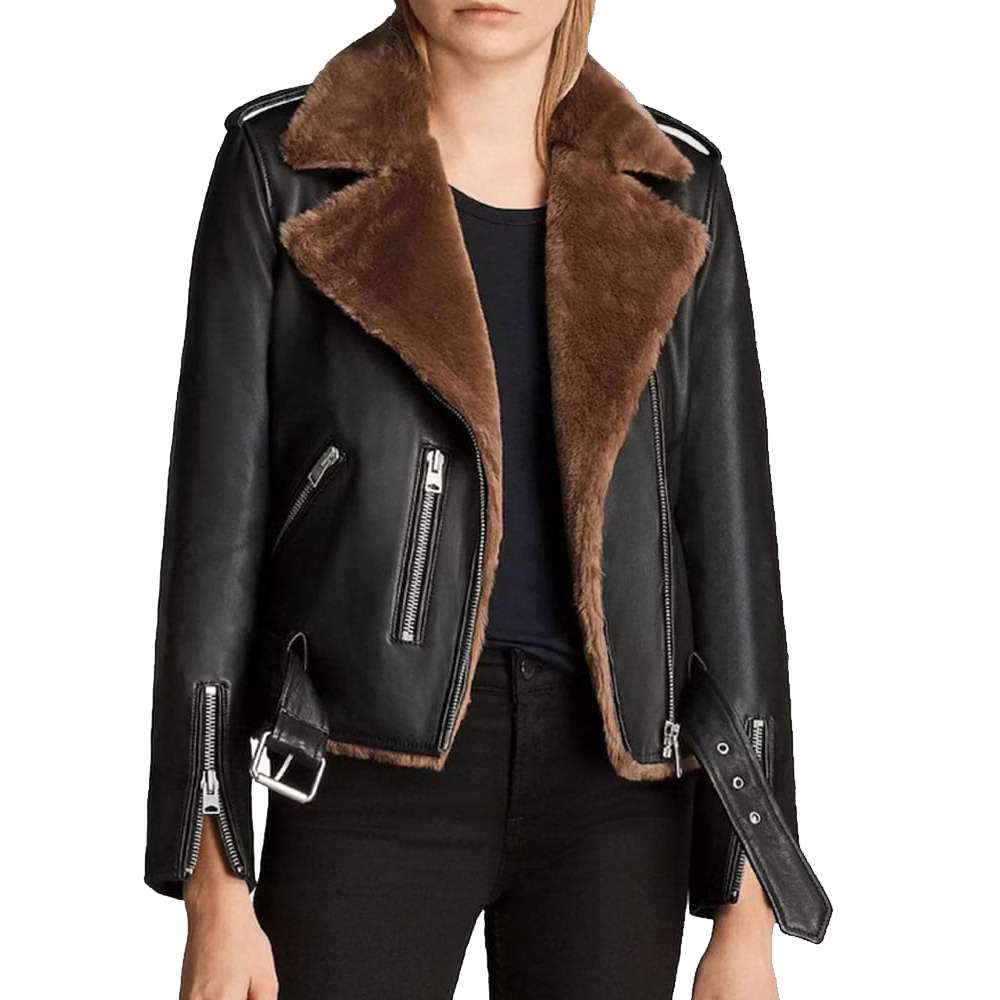 Women Motorcycle Shearling Fur Leather Jacket