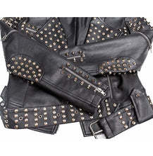 Load image into Gallery viewer, Women Slim Fit Studded Brando Leather Jacket | Jacket Hunt
